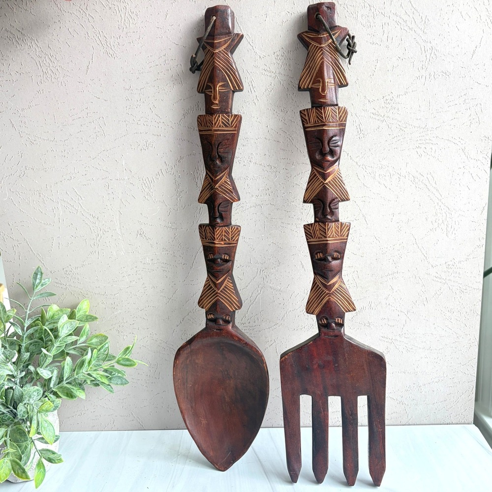 Vintage Hand Carved Wooden Totem Giant Fork and Spoon Wall Art Set 20 Inch